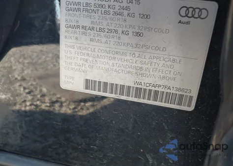 2015 Audi Q5 2.0T Premium из США, поврежденный, VIN WA1CFAFP7FA138623
